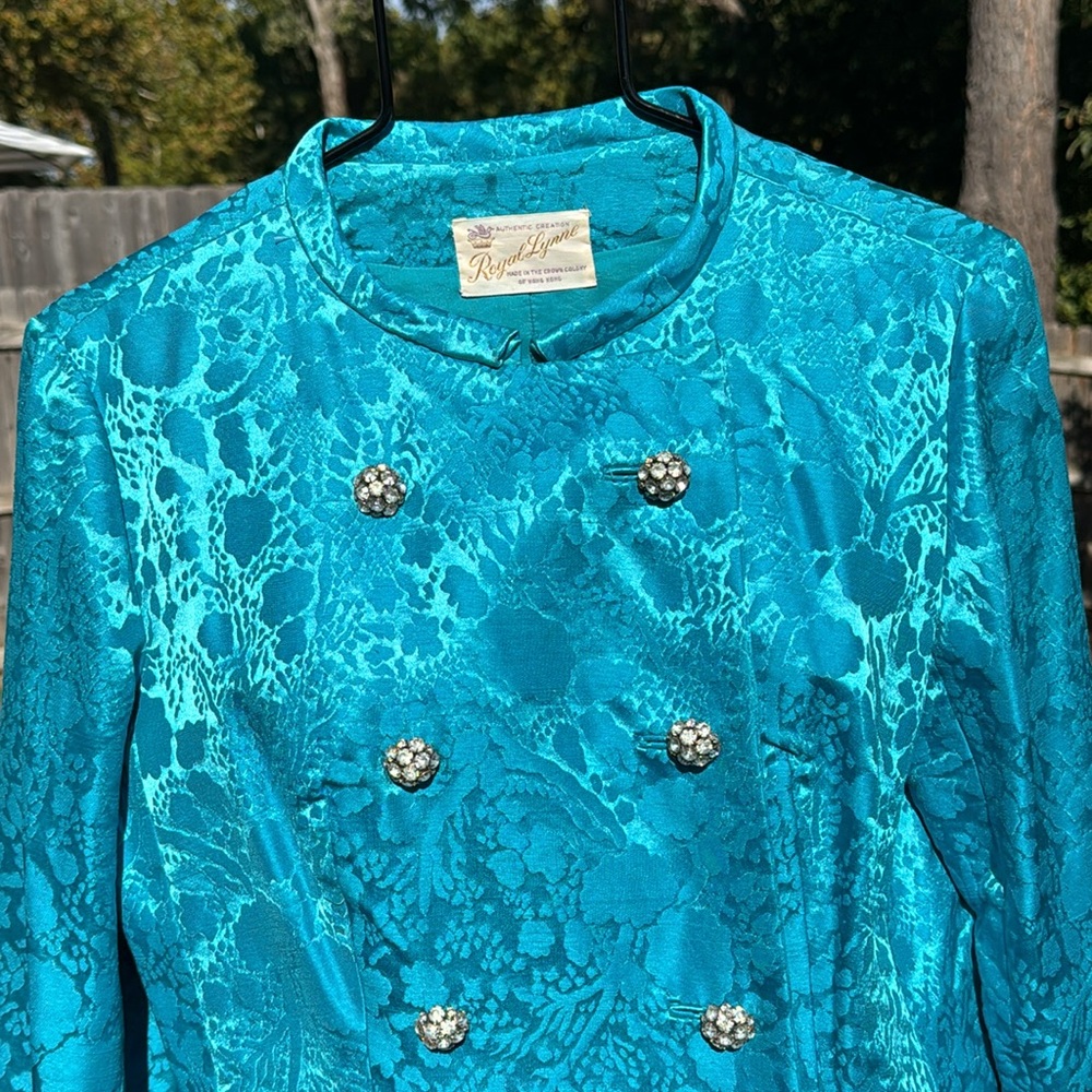 Vintage Royal Lynne 1960s Teal Dress Silk Jacket Set Rhinestone Buttons sz 12